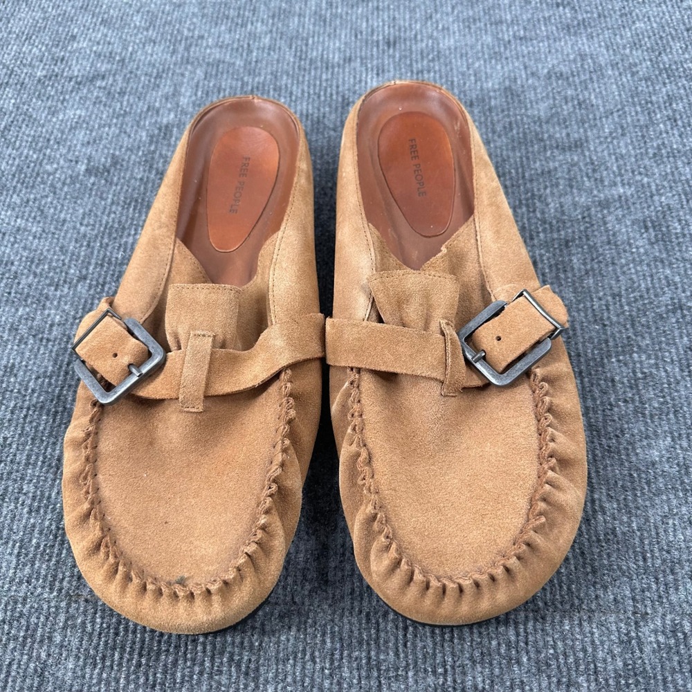 Free People After Riding Suede Mules Womens 11 Buckle Moccasin Tan Brown Boho